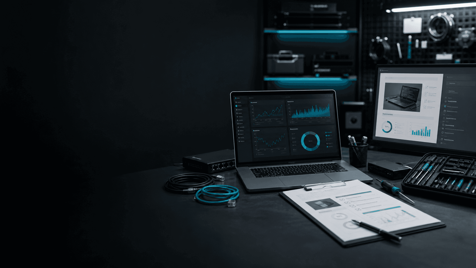 A dark professional technology service workstation with diagnostics and service reporting screens.